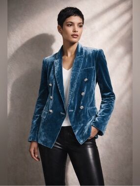 L’Agence Kenzie Velvet Blazer Cortez Blue Size 2 Double Breasted NWT